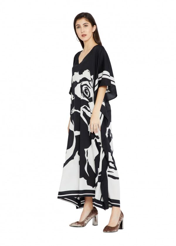 Women's Black & White Abstract Rose Print Kaftan Maxi Dress, V-Neck, Flowy Silhouette