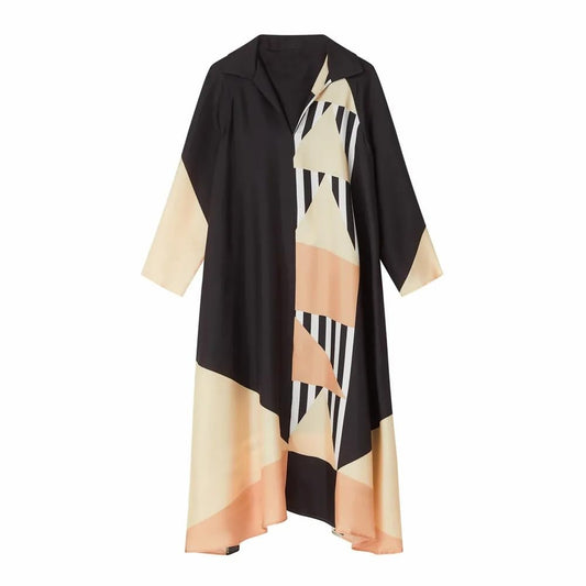 Geometric Print Kaftan, Multicolour, Satin, Relaxed Fit, Free Size, Bateau Neck, Bat-Wing Sleeves