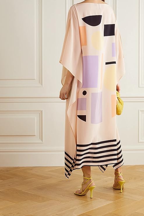Geometric Print Kaftan Dress, Peach, Abstract Multicolour Pattern, Striped Hem, Bateau Neck, Flowy Silhouette