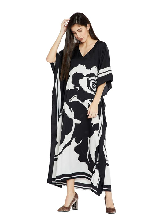 Women's Black & White Abstract Rose Print Kaftan Maxi Dress, V-Neck, Flowy Silhouette