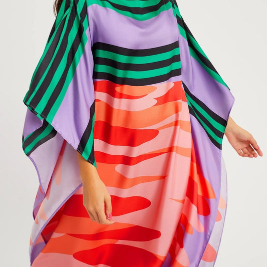 Kaftan Maxi Dress, Abstract Rose Print, Viscose Crepe, Batwing Sleeve, Loose Fit, One Size, Women's Resort Wear
