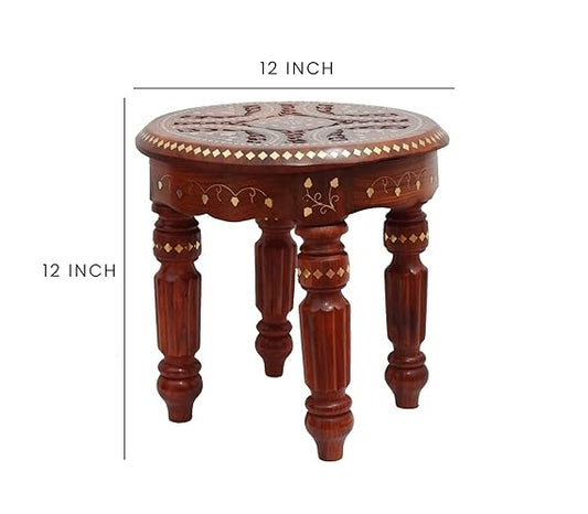 Sheesham Wood Round Side Table with Brass Carving – 12x12 Inch Coffee/Accent Table for Living Room & Outdoor