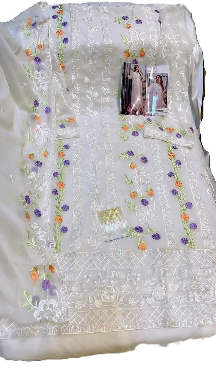 Semi-Stitched Floral Embroidered Salwar Suit GEORGETTE with Dupatta, White, Ethnic Wear