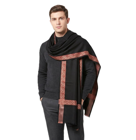 Men's Pure Wool Shawl, Cream, Embroidered Border, 50 x 100 inches