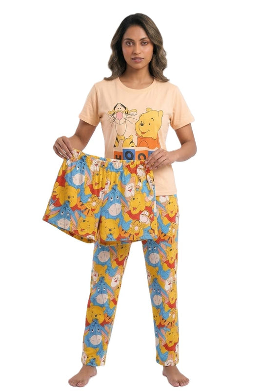 Graphic Night Suit for Women, Peach Top with Multicolour Character Print Pyjama Set