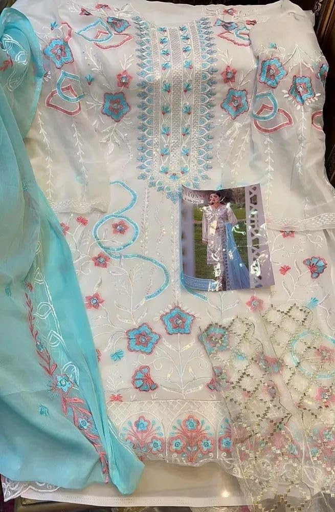 Women's Semi Stitched Salwar Suit, White with Blue Dupatta, Floral Embroidered, Georgette, Ethnic Wear