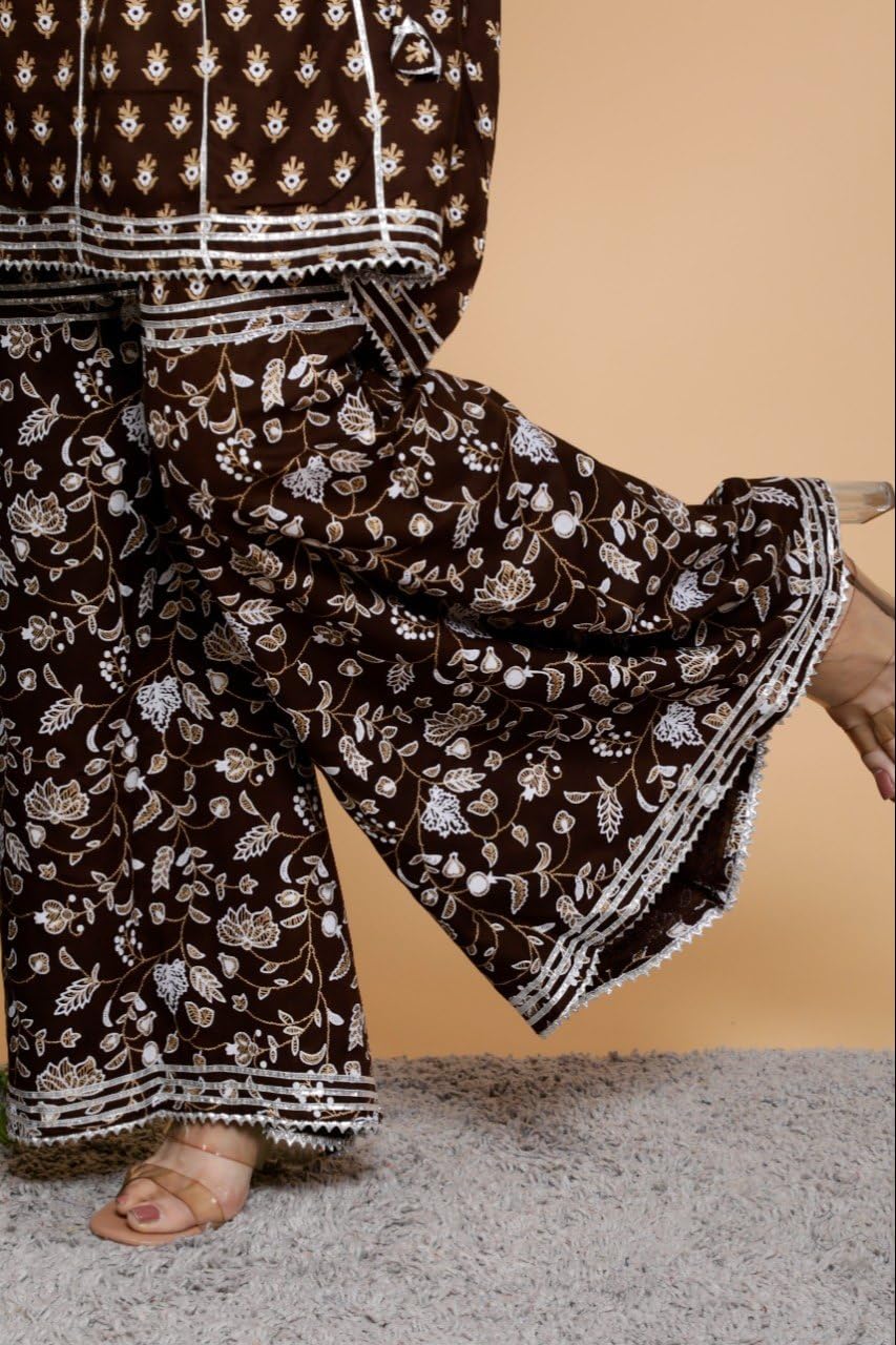 Women's Brown Floral Printed Cord Set, Anarkali Kurta with Palazzo Pants, Ethnic Wear