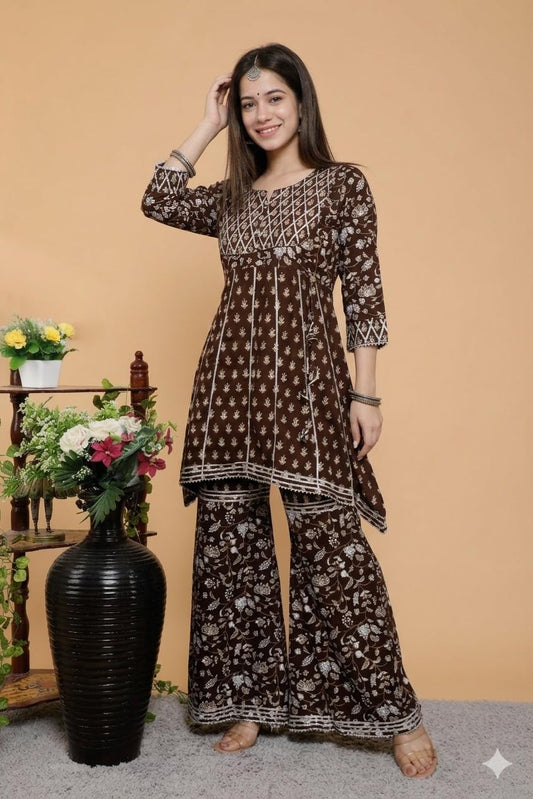 Women's Brown Floral Printed Cord Set, Anarkali Kurta with Palazzo Pants, Ethnic Wear