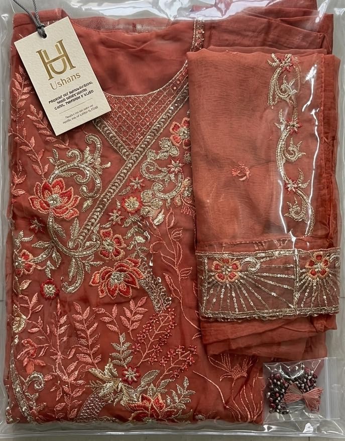 Semi-Stitched Salwar Suit, Rust Orange, Floral Embroidered, Georgette with Dupatta