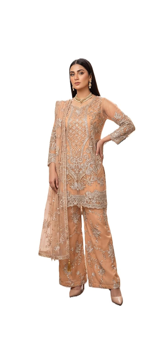 Women's Embroidered Net Semi Stiched Suit, Peach, Palazzo Pants with Dupatta, 3-Piece Set
