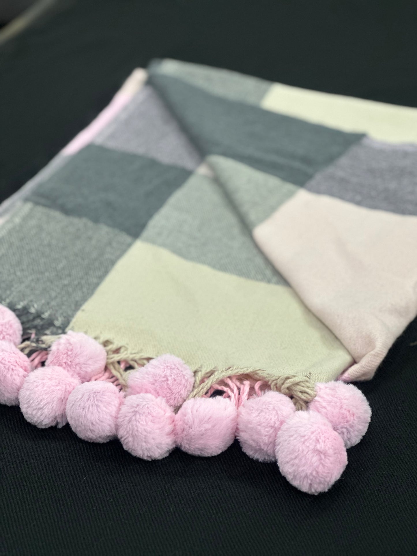 Pink, Brown & Cream Check Pom Pom Scarf
