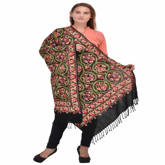 Kashmir Embroidered Floral Pure Wool Shawl | Traditional Aari Hand Embroidery | 28" x 80" Inch
