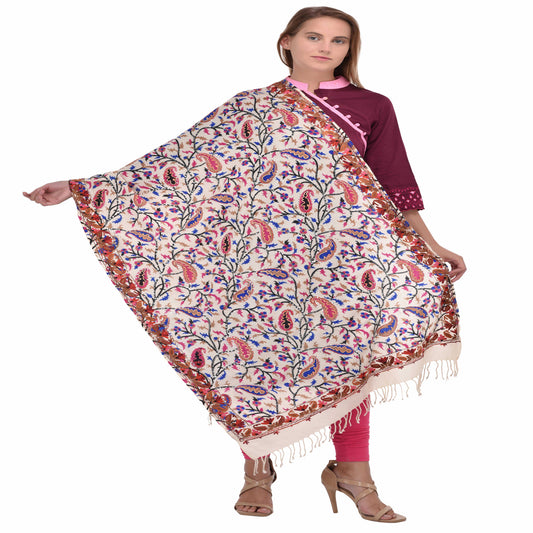 Kashmir Embroidered Floral Pure Wool Shawl | Traditional Aari Hand Embroidery | 28" x 80" Inch