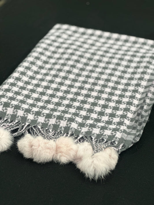 Black & Cream Check Pom Pom Scarf