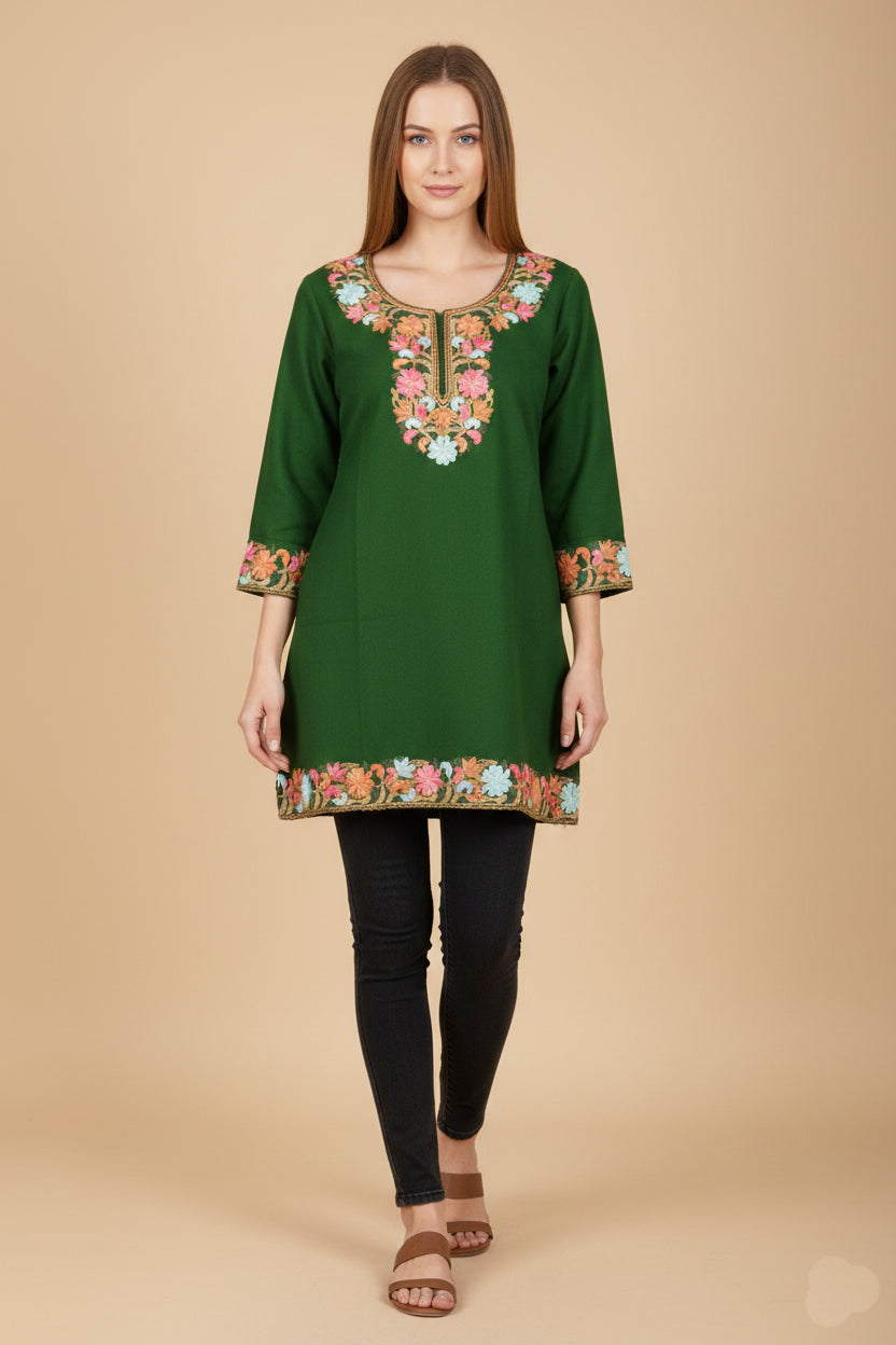 Green Short Pheran with Aari Embroidery.