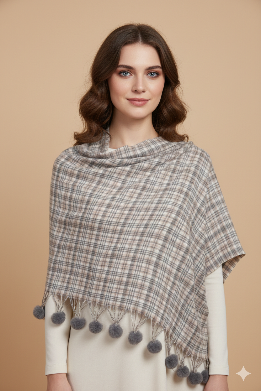 Chic Grey Pom-Pom Designer Shawl