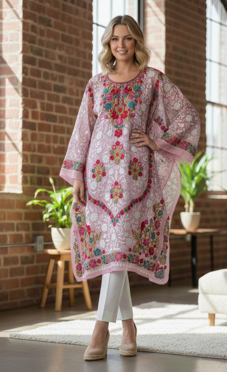 Kashmiri Georgette Long Kurti with Aari Embroidery,Semi-Stitched.