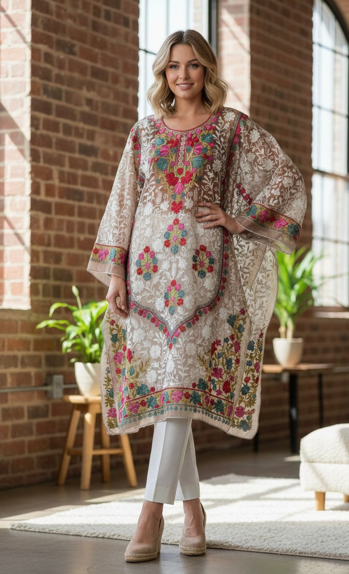 Kashmiri Georgette Long Kurti with Aari Embroidery,Semi-Stitched.