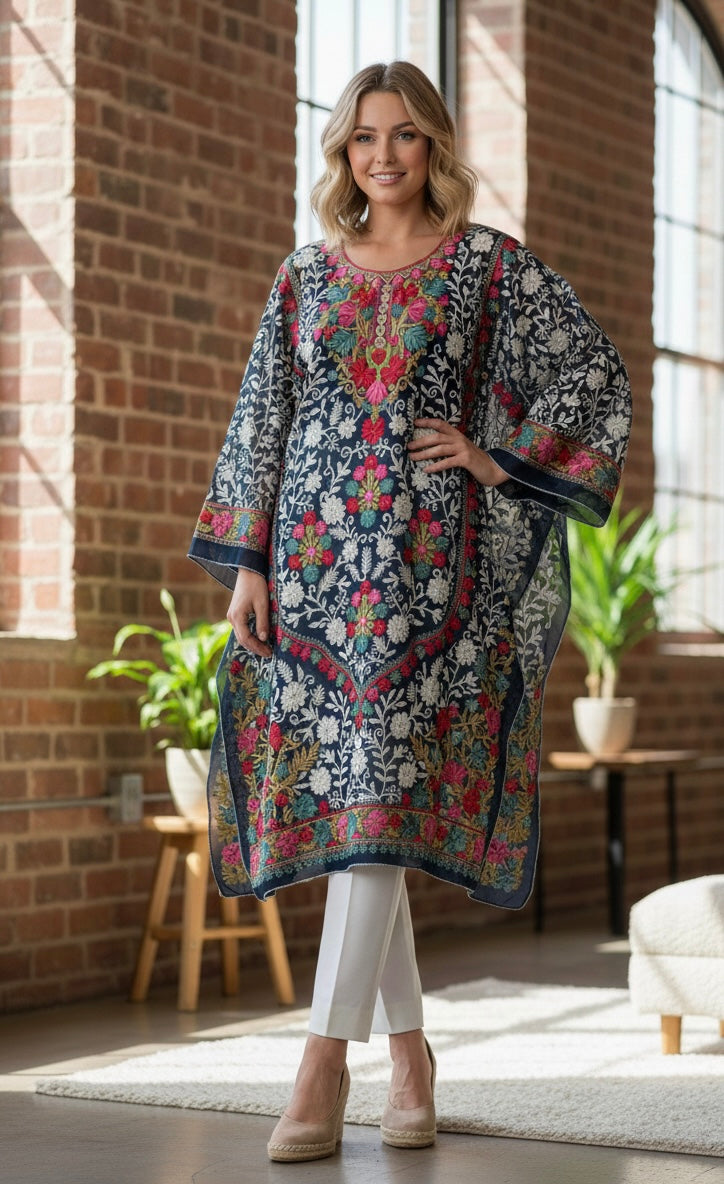 Kashmiri Georgette Long Kurti with Aari Embroidery,Semi-Stitched.