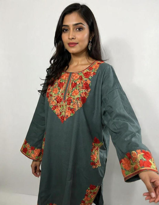 Kashmiri Cashmillon Phiran with Traditional Multicolor Embroidery | Stitched | Free Size