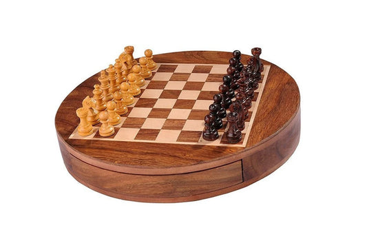 Wooden Magnetic Drawer Chess Set 10×10 – Classic square board with magnetic pieces and storage drawer — good size for both travel and home play