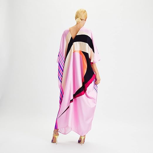 Kaftan Dress, Pink Multicolour Abstract Print, Batwing Sleeve, Relaxed Fit, Maxi Length