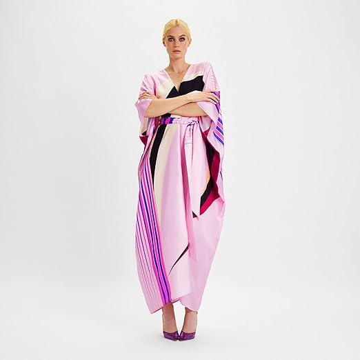Kaftan Dress, Pink Multicolour Abstract Print, Batwing Sleeve, Relaxed Fit, Maxi Length