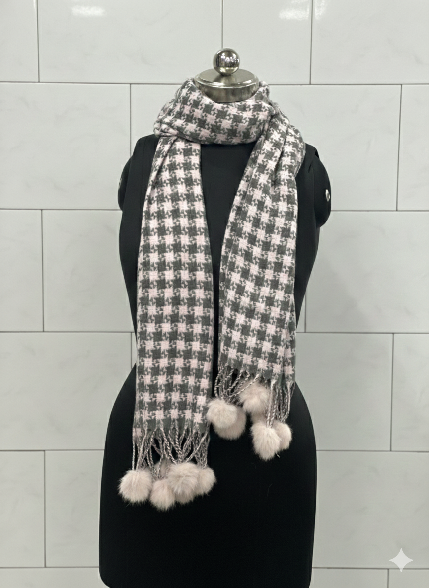 Black & Cream Check Pom Pom Scarf