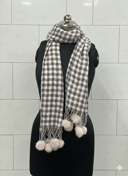Black & Cream Check Pom Pom Scarf