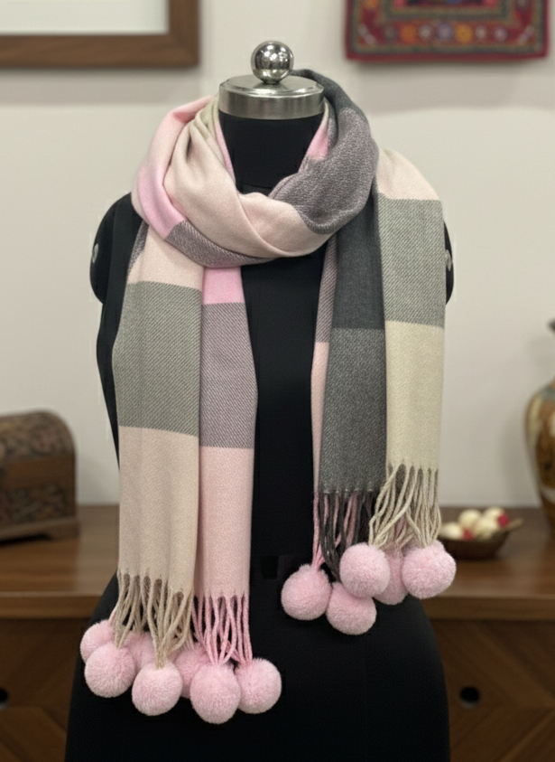 Pink, Brown & Cream Check Pom Pom Scarf