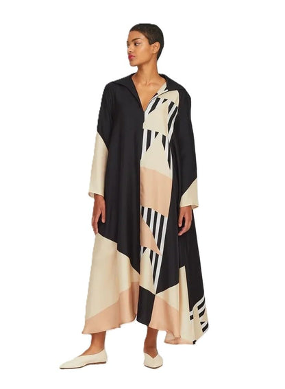 Geometric Print Kaftan, Multicolour, Satin, Relaxed Fit, Free Size, Bateau Neck, Bat-Wing Sleeves