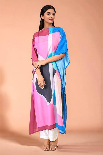 Multicolour Geometric Print Kaftan, Relaxed Fit, Bateau Neck, Flowy Style