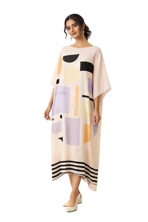 Geometric Print Kaftan Dress, Peach, Abstract Multicolour Pattern, Striped Hem, Bateau Neck, Flowy Silhouette