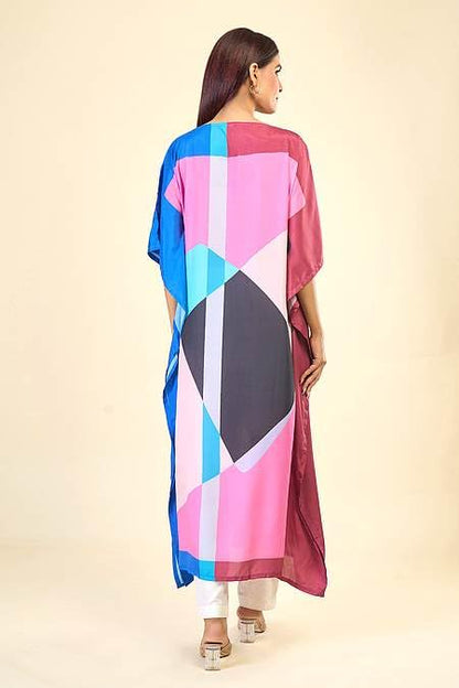 Multicolour Geometric Print Kaftan, Relaxed Fit, Bateau Neck, Flowy Style