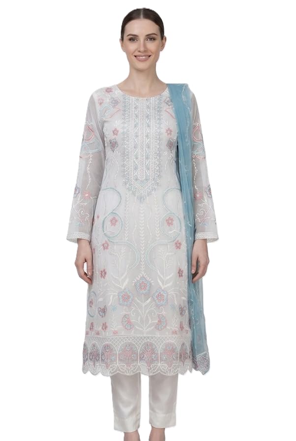 Women's Semi Stitched Salwar Suit, White with Blue Dupatta, Floral Embroidered, Georgette, Ethnic Wear