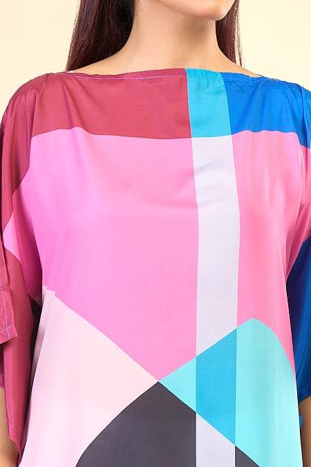 Multicolour Geometric Print Kaftan, Relaxed Fit, Bateau Neck, Flowy Style