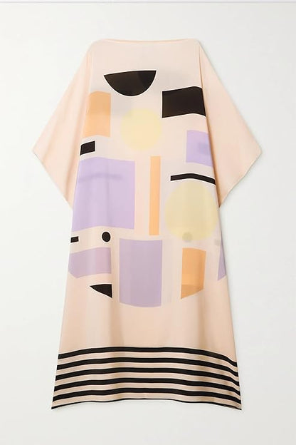 Geometric Print Kaftan Dress, Peach, Abstract Multicolour Pattern, Striped Hem, Bateau Neck, Flowy Silhouette