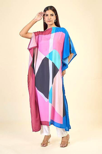Multicolour Geometric Print Kaftan, Relaxed Fit, Bateau Neck, Flowy Style