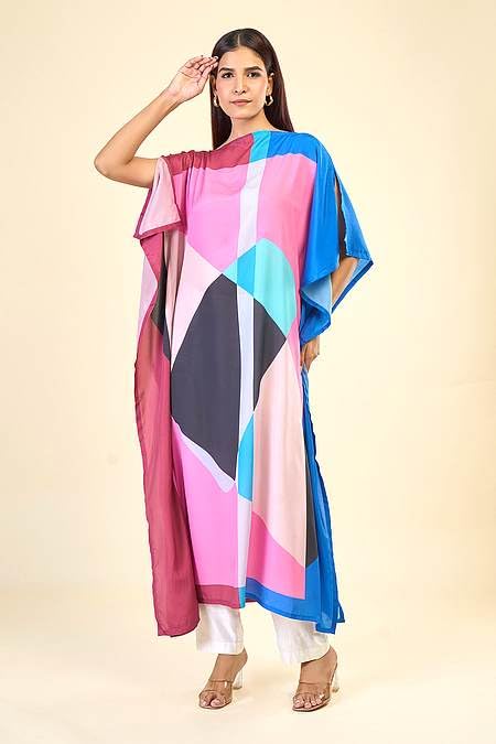 Multicolour Geometric Print Kaftan, Relaxed Fit, Bateau Neck, Flowy Style