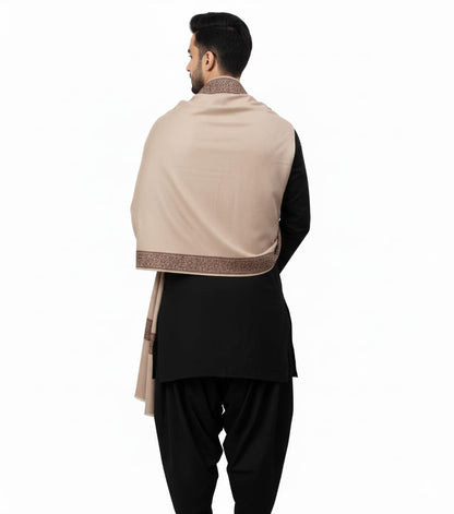 Men's Pure Wool Shawl, Cream, Embroidered Border, 50 x 100 inches