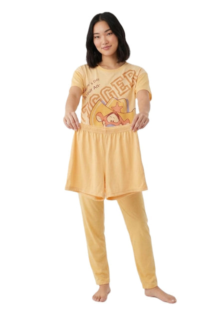 Tigger Graphic Night Suit for Women, Yellow, Short Sleeve Top with Shorts and Jogger Pants Set