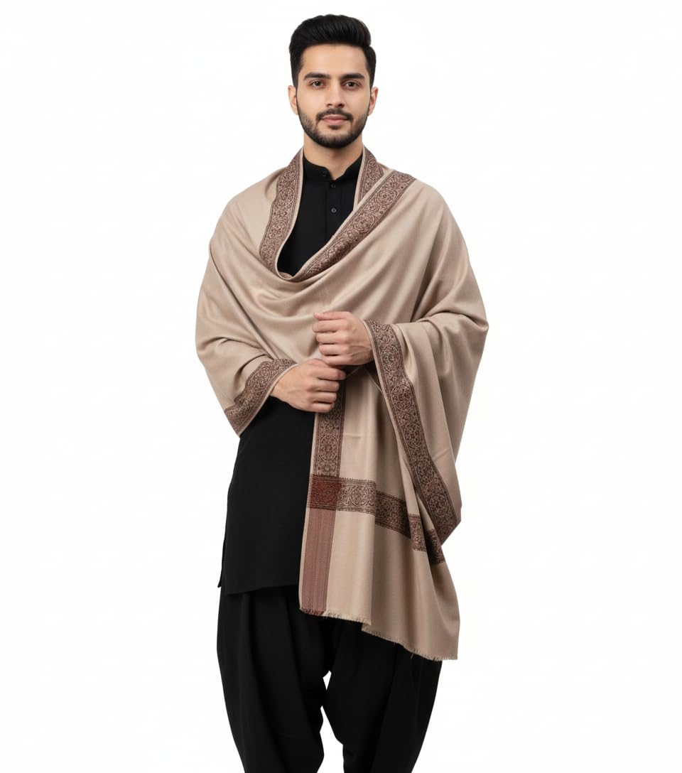 Men's Pure Wool Shawl, Cream, Embroidered Border, 50 x 100 inches
