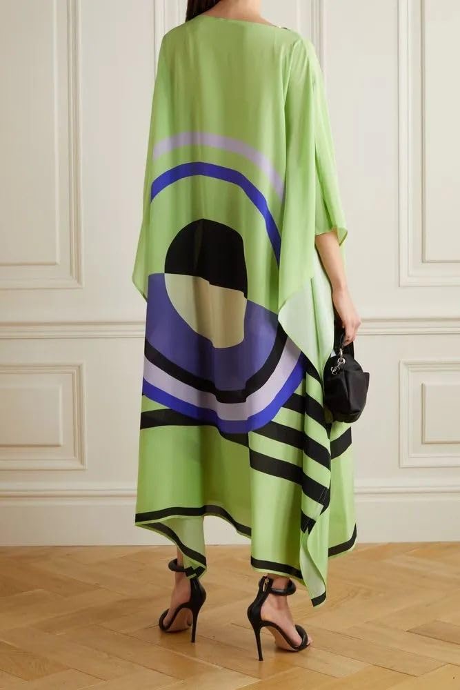 Geometric Print Kaftan Dress, Green, Asymmetric Hem, Flowing Silhouette, Casual Style