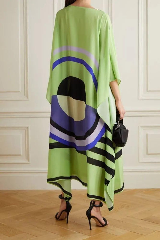 Geometric Print Kaftan Dress, Green, Asymmetric Hem, Flowing Silhouette, Casual Style