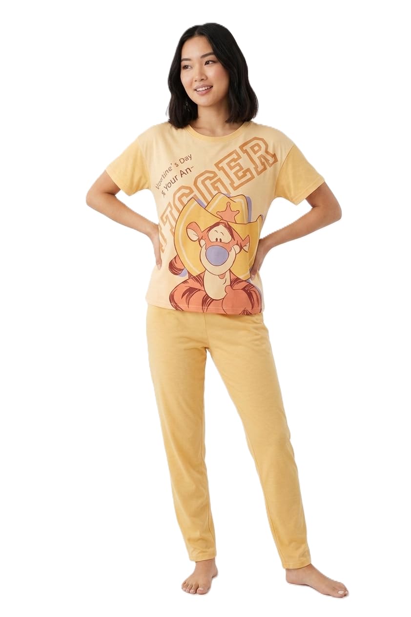 Tigger Graphic Night Suit for Women, Yellow, Short Sleeve Top with Shorts and Jogger Pants Set