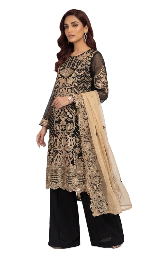 Black Embroidered Semi-Stiched Salwar Suit with Golden Dupatta, 3-Piece Pakistani Formal Wear
