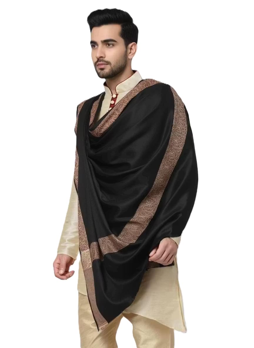 Men's Pure Wool Shawl, Cream, Embroidered Border, 50 x 100 inches