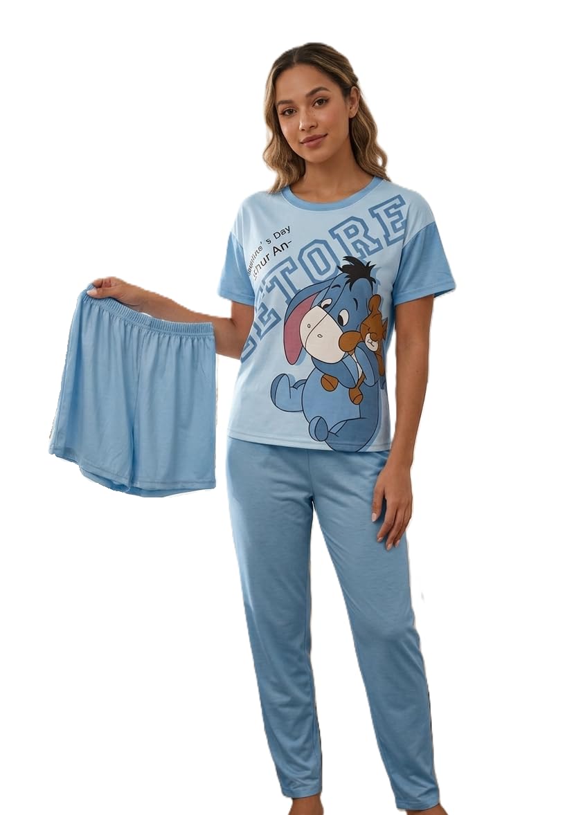 Graphic Night Suit for Women, Blue Short Sleeve Top with Jogger Pants and Shorts Set
