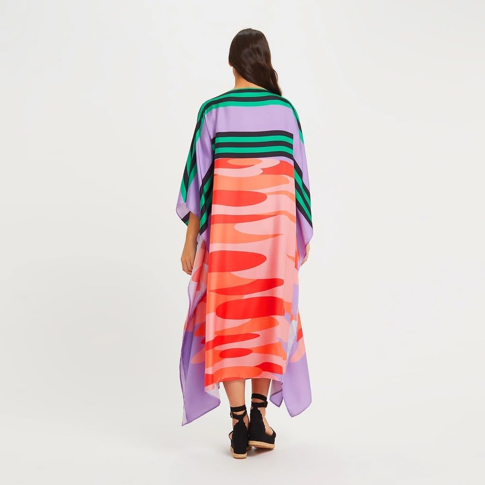 Kaftan Maxi Dress, Abstract Rose Print, Viscose Crepe, Batwing Sleeve, Loose Fit, One Size, Women's Resort Wear
