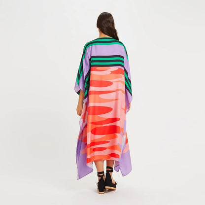 Kaftan Maxi Dress, Abstract Rose Print, Viscose Crepe, Batwing Sleeve, Loose Fit, One Size, Women's Resort Wear